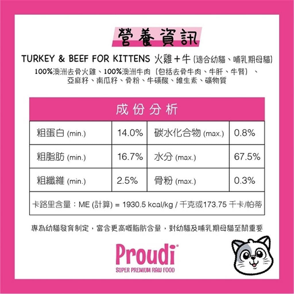 12 盒優惠套裝 - Proudi 急凍幼貓生肉糧 - 火雞及牛肉配方 1.08kg~需預訂 - 幸福站