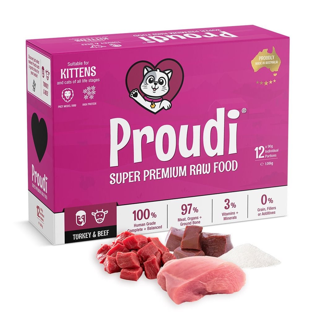 12 盒優惠套裝 - Proudi 急凍幼貓生肉糧 - 火雞及牛肉配方 1.08kg~需預訂